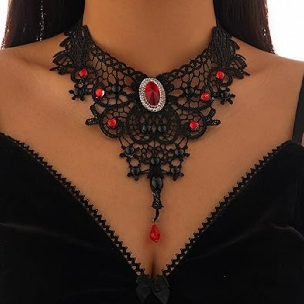 Gothic Black Choker Necklace for Women Lace Collar with Red Crystal Tassel